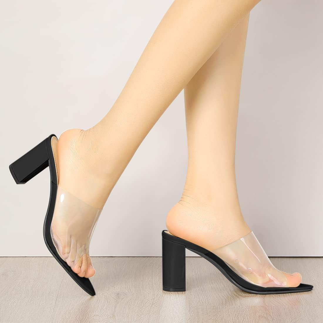 imageAllegra K Womens Clear Chunky Heel Slides Sandals MulesBlack