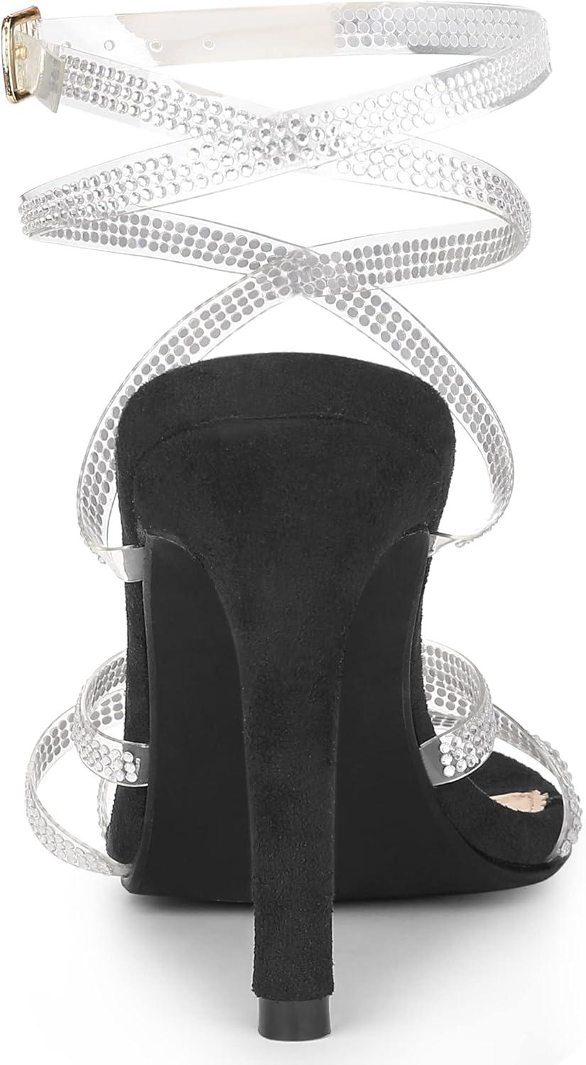 imageAllegra K Womens Elegant Rhinestone Clear Strap Strappy Stiletto Heels Sandals Over 3 Inch Evening Party Wedding ShoesBlack