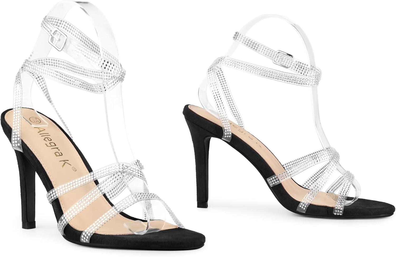 imageAllegra K Womens Elegant Rhinestone Clear Strap Strappy Stiletto Heels Sandals Over 3 Inch Evening Party Wedding ShoesBlack