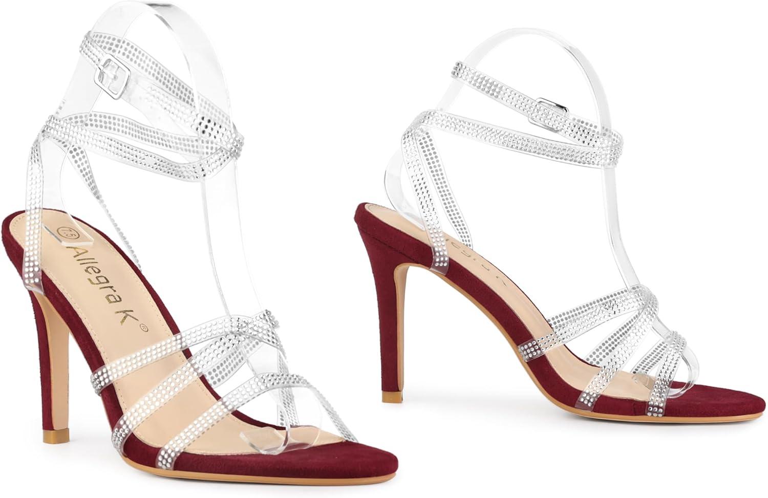 imageAllegra K Womens Elegant Rhinestone Clear Strap Strappy Stiletto Heels Sandals Over 3 Inch Evening Party Wedding ShoesBurgundy
