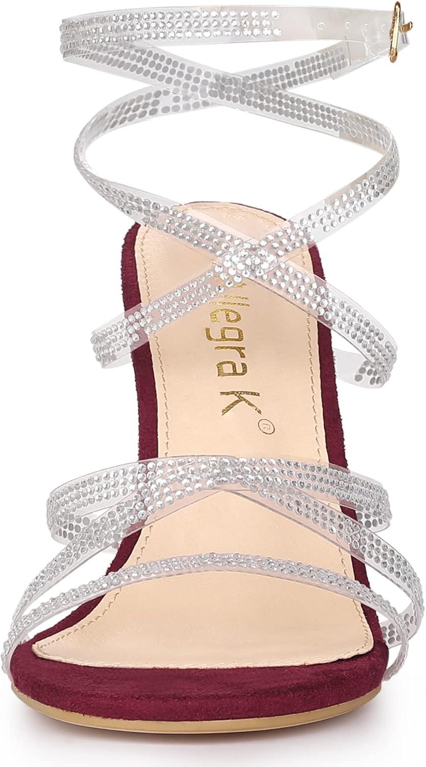 imageAllegra K Womens Elegant Rhinestone Clear Strap Strappy Stiletto Heels Sandals Over 3 Inch Evening Party Wedding ShoesBurgundy