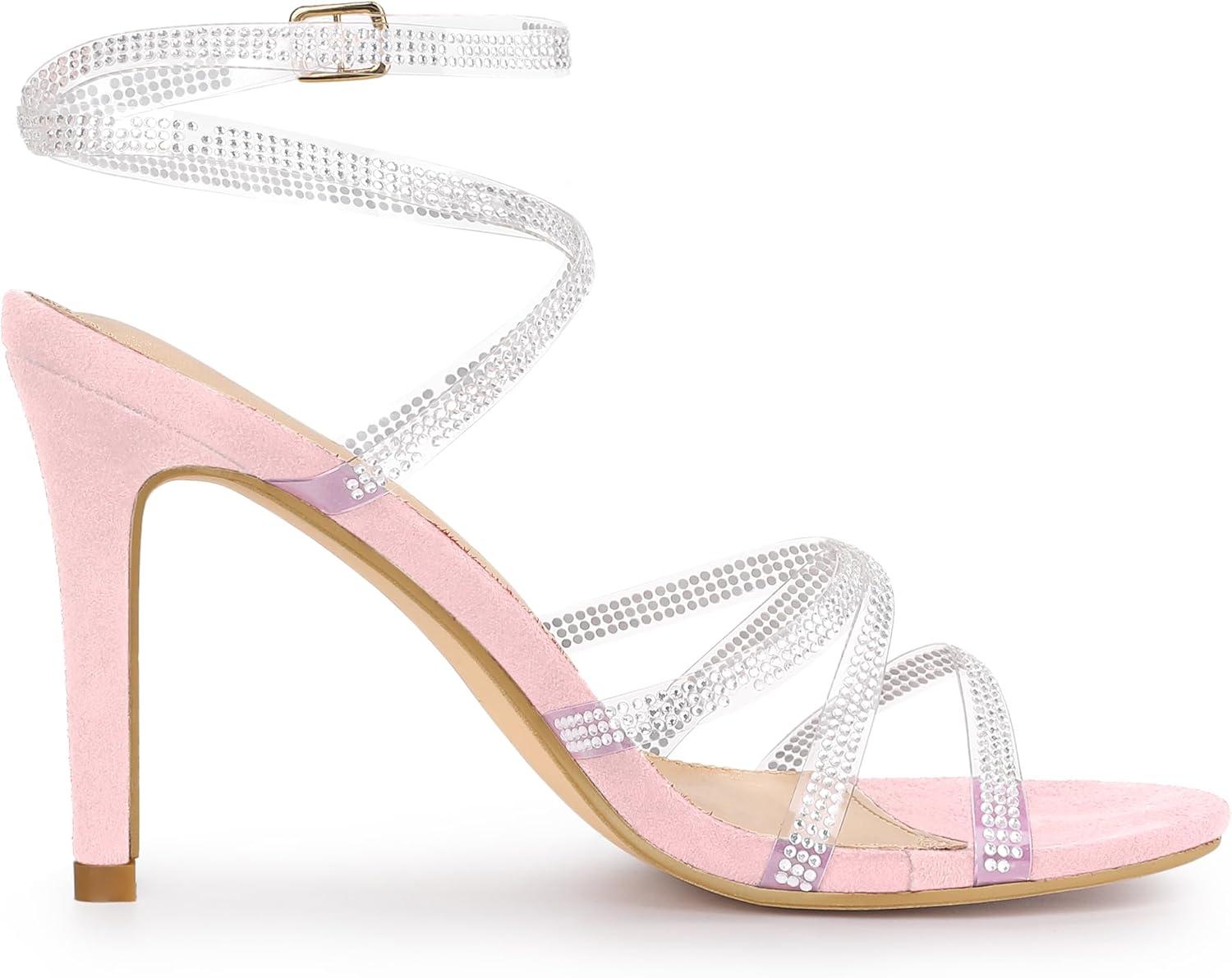 imageAllegra K Womens Elegant Rhinestone Clear Strap Strappy Stiletto Heels Sandals Over 3 Inch Evening Party Wedding ShoesPink