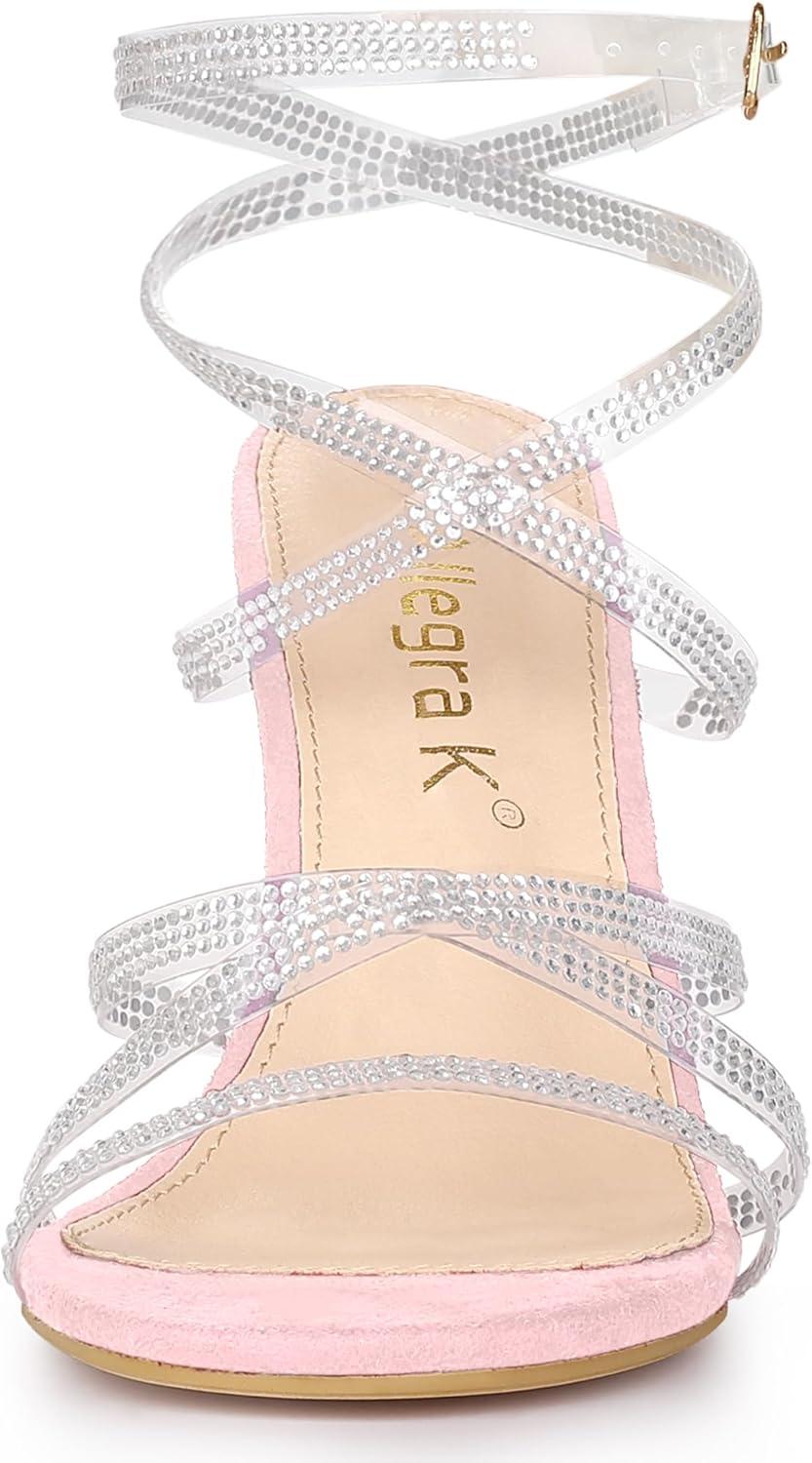 imageAllegra K Womens Elegant Rhinestone Clear Strap Strappy Stiletto Heels Sandals Over 3 Inch Evening Party Wedding ShoesPink