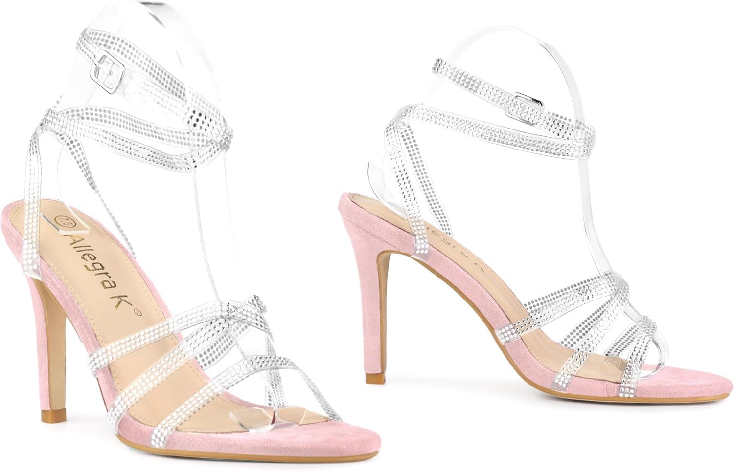 imageAllegra K Womens Elegant Rhinestone Clear Strap Strappy Stiletto Heels Sandals Over 3 Inch Evening Party Wedding ShoesPink