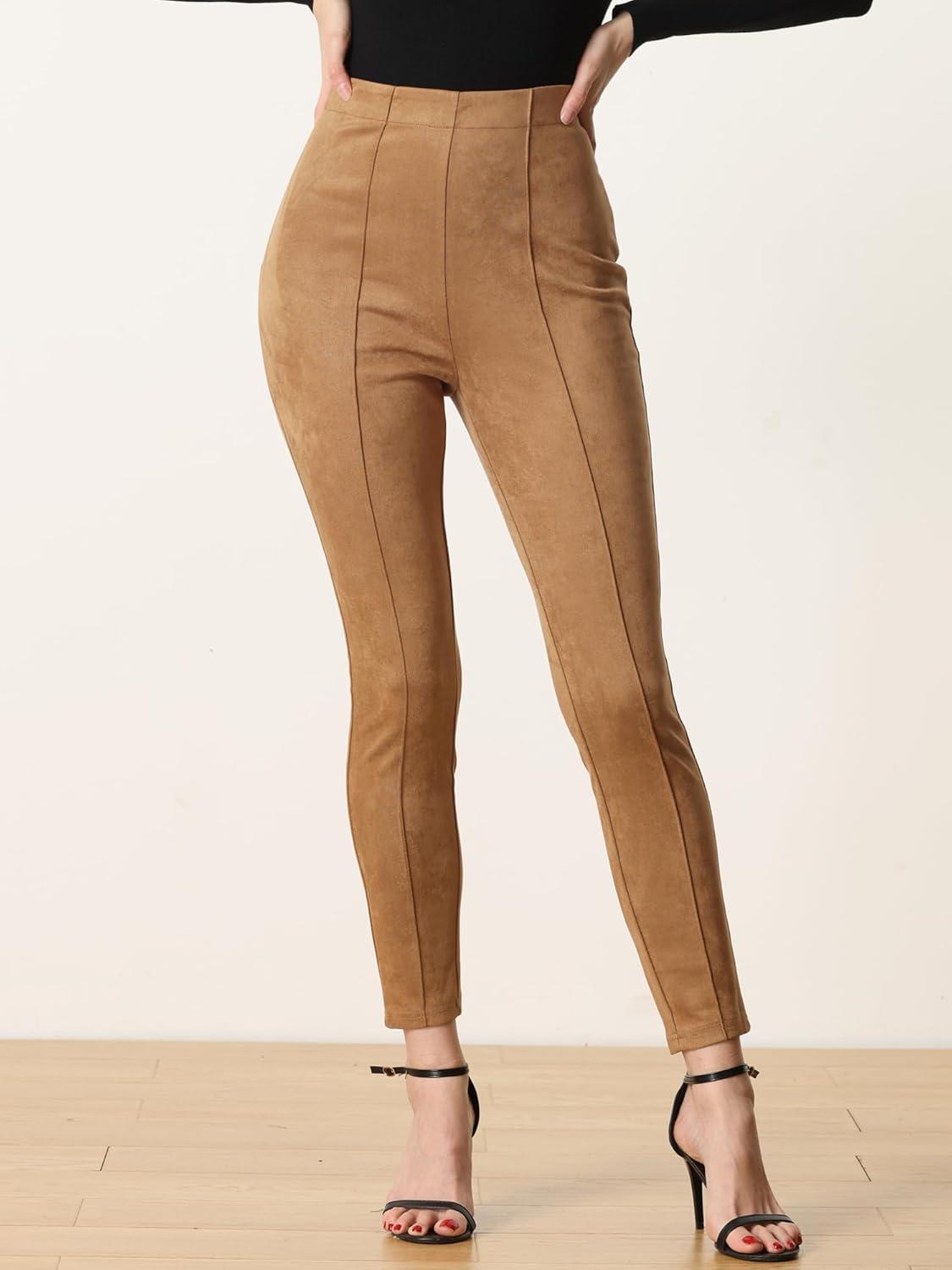 imageAllegra K Womens Faux Suede Leggings High Waisted Stretch Casual Faux Leather Pants for WomenBrown
