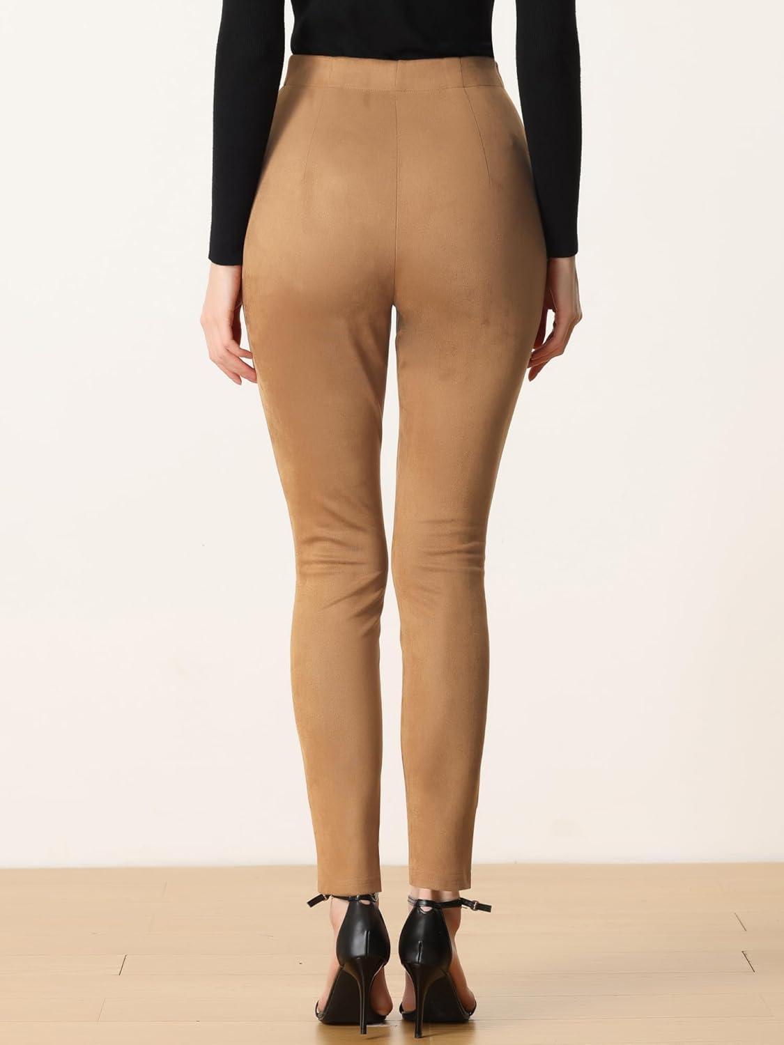 imageAllegra K Womens Faux Suede Leggings High Waisted Stretch Casual Faux Leather Pants for WomenBrown