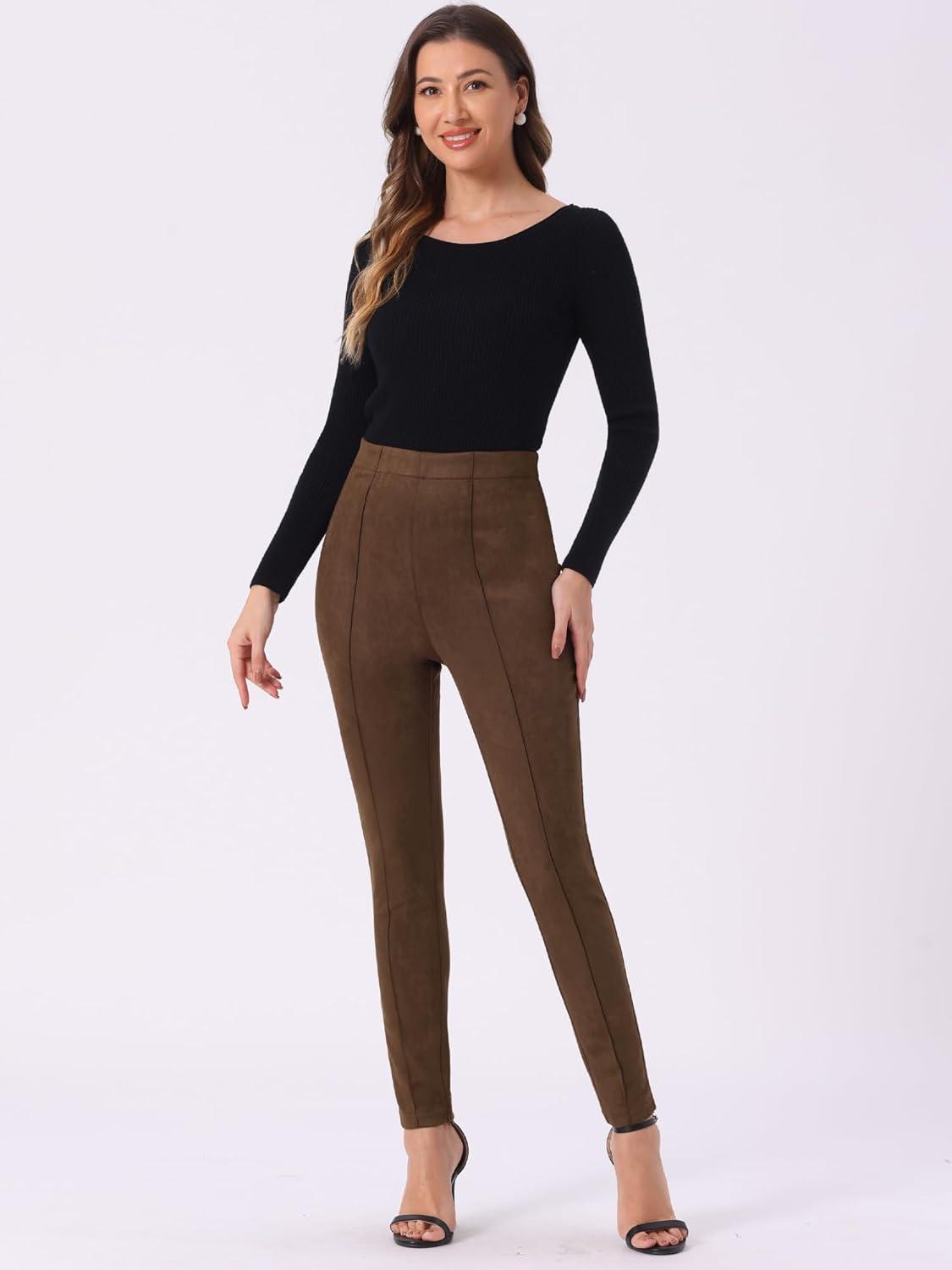 imageAllegra K Womens Faux Suede Leggings High Waisted Stretch Casual Faux Leather Pants for WomenCoffee