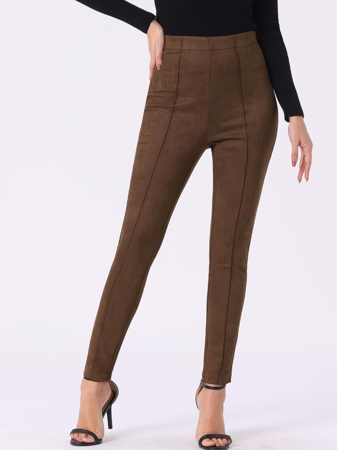 imageAllegra K Womens Faux Suede Leggings High Waisted Stretch Casual Faux Leather Pants for WomenCoffee