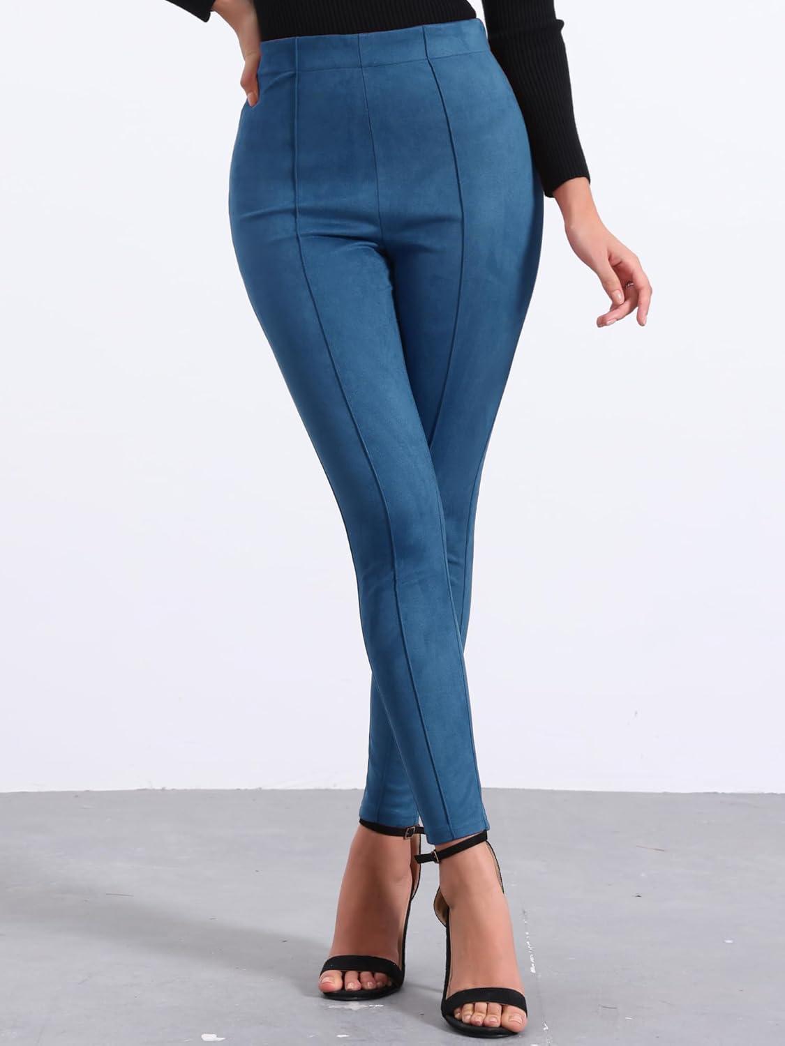 imageAllegra K Womens Faux Suede Leggings High Waisted Stretch Casual Faux Leather Pants for WomenDark Blue