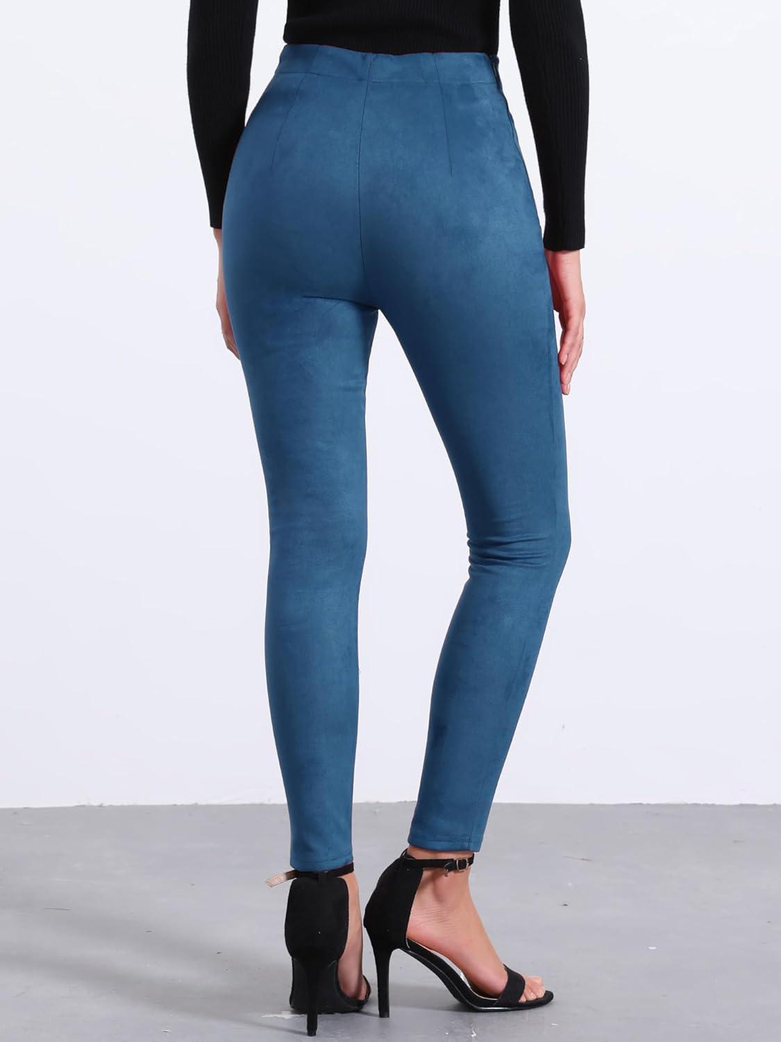 imageAllegra K Womens Faux Suede Leggings High Waisted Stretch Casual Faux Leather Pants for WomenDark Blue