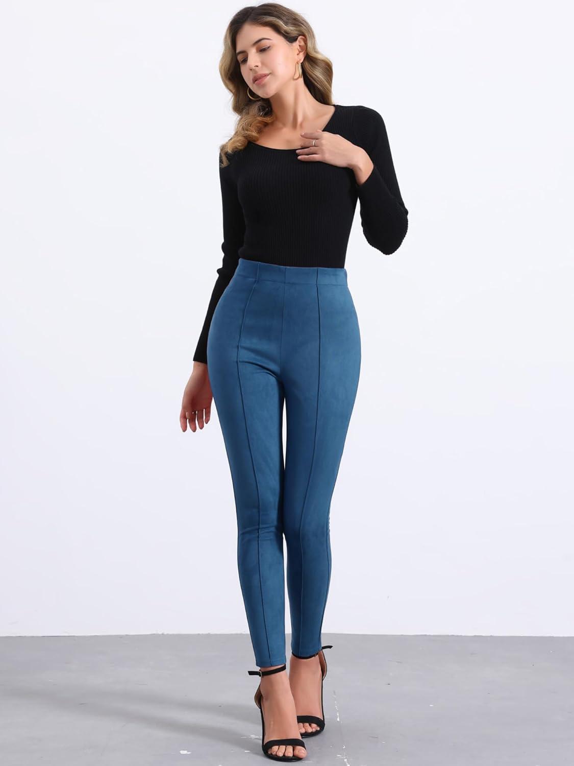 imageAllegra K Womens Faux Suede Leggings High Waisted Stretch Casual Faux Leather Pants for WomenDark Blue