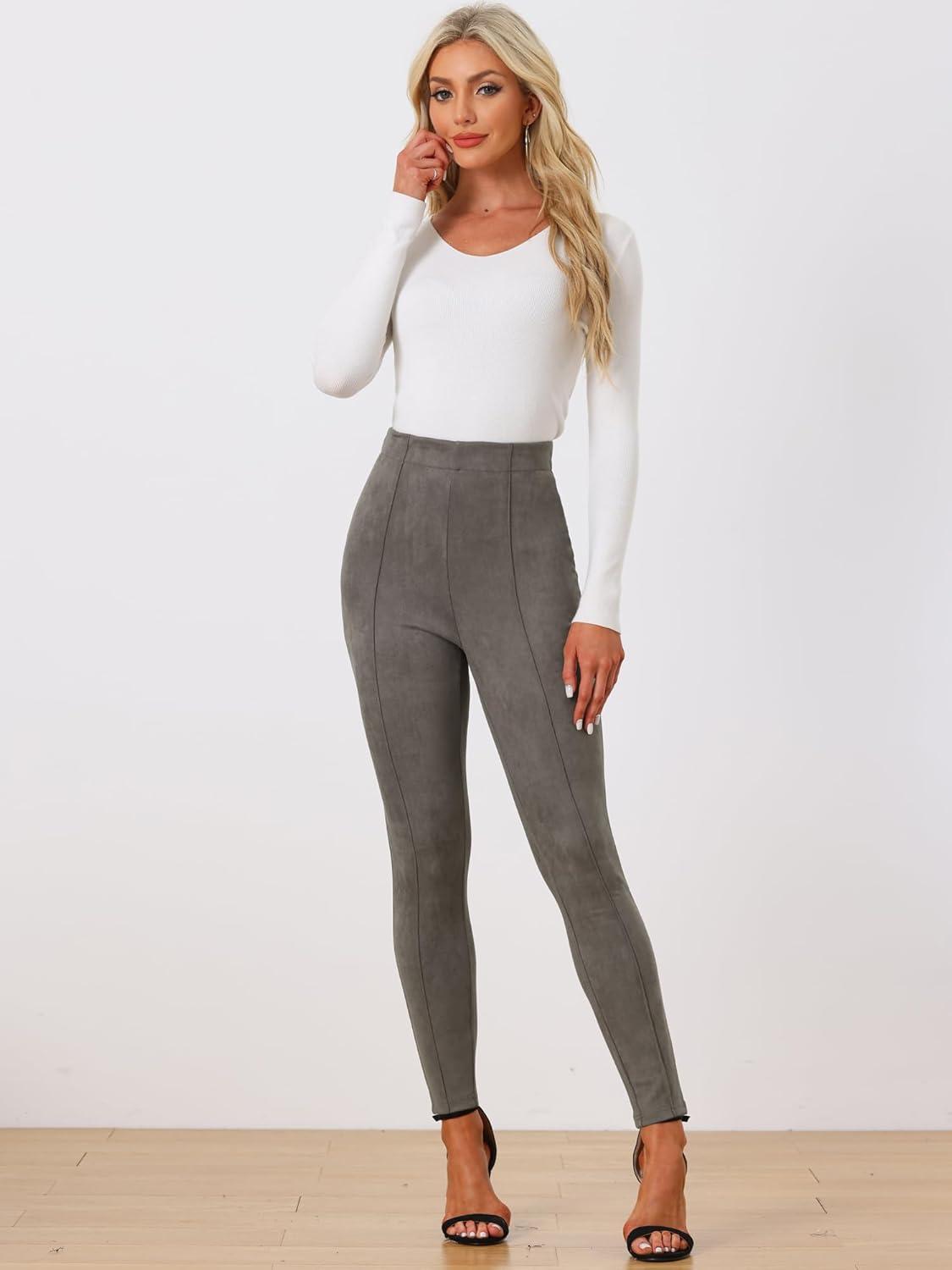 imageAllegra K Womens Faux Suede Leggings High Waisted Stretch Casual Faux Leather Pants for WomenDark Gray