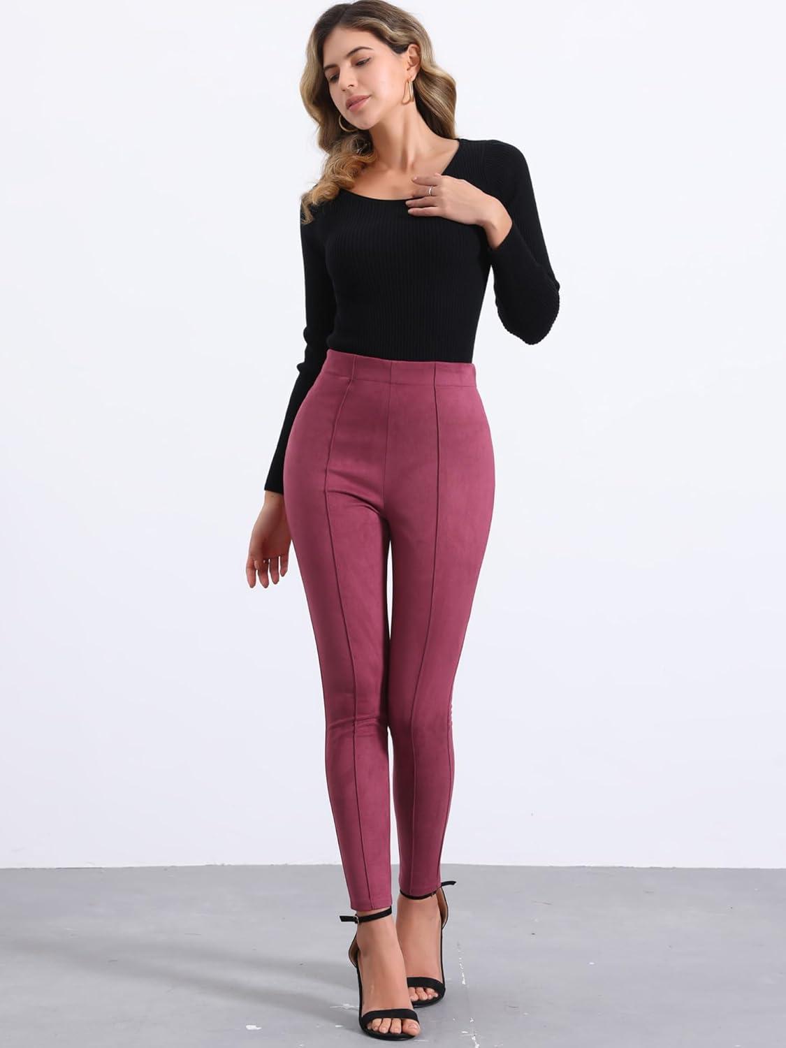 imageAllegra K Womens Faux Suede Leggings High Waisted Stretch Casual Faux Leather Pants for WomenDark Red