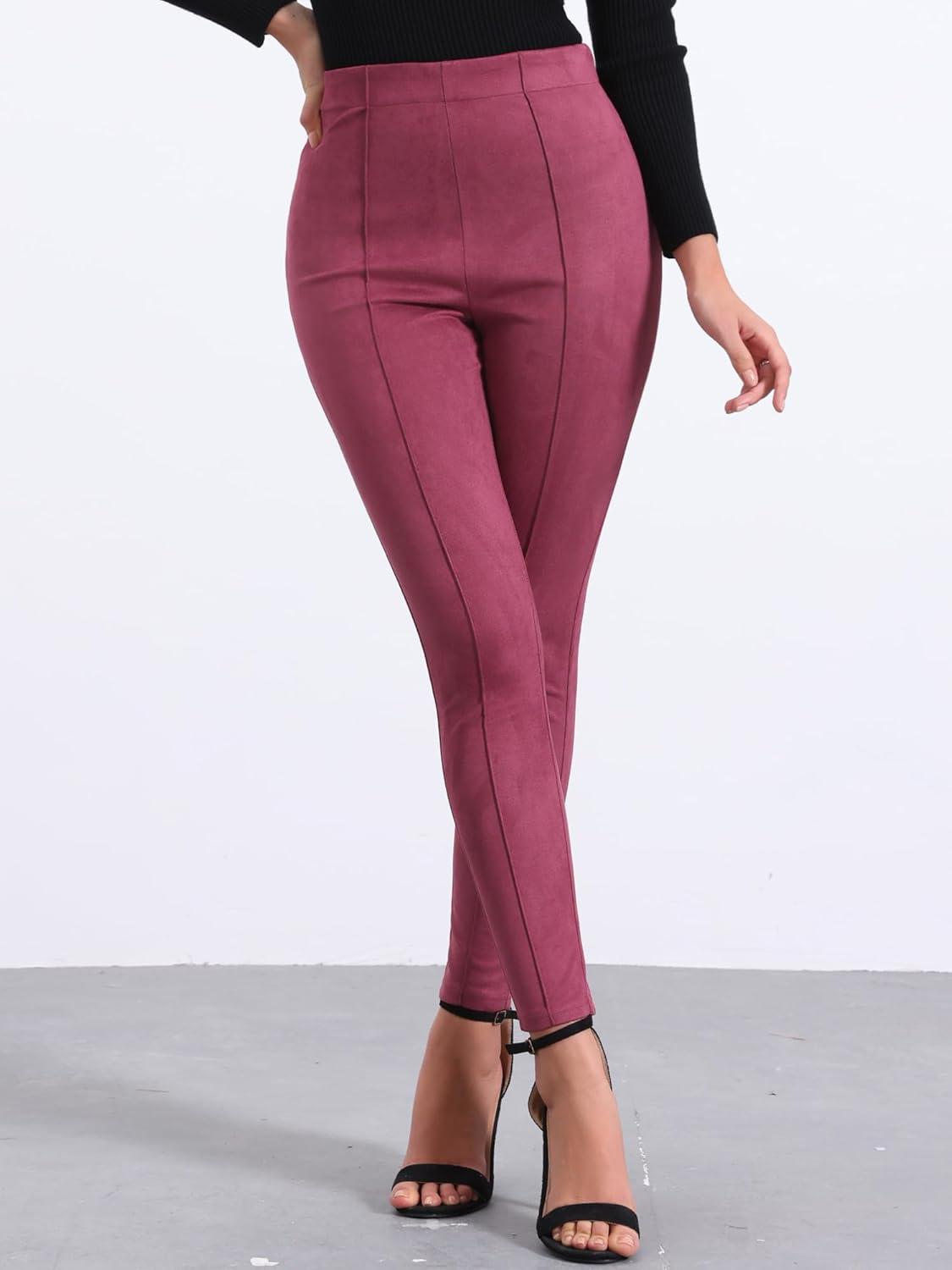 imageAllegra K Womens Faux Suede Leggings High Waisted Stretch Casual Faux Leather Pants for WomenDark Red