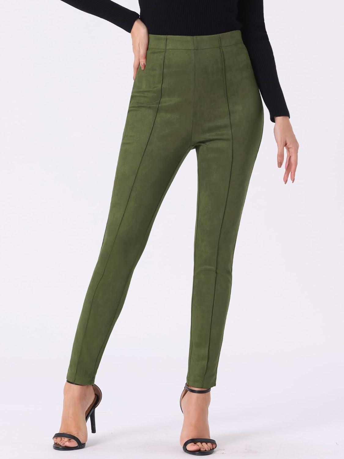 imageAllegra K Womens Faux Suede Leggings High Waisted Stretch Casual Faux Leather Pants for WomenLight Army Green