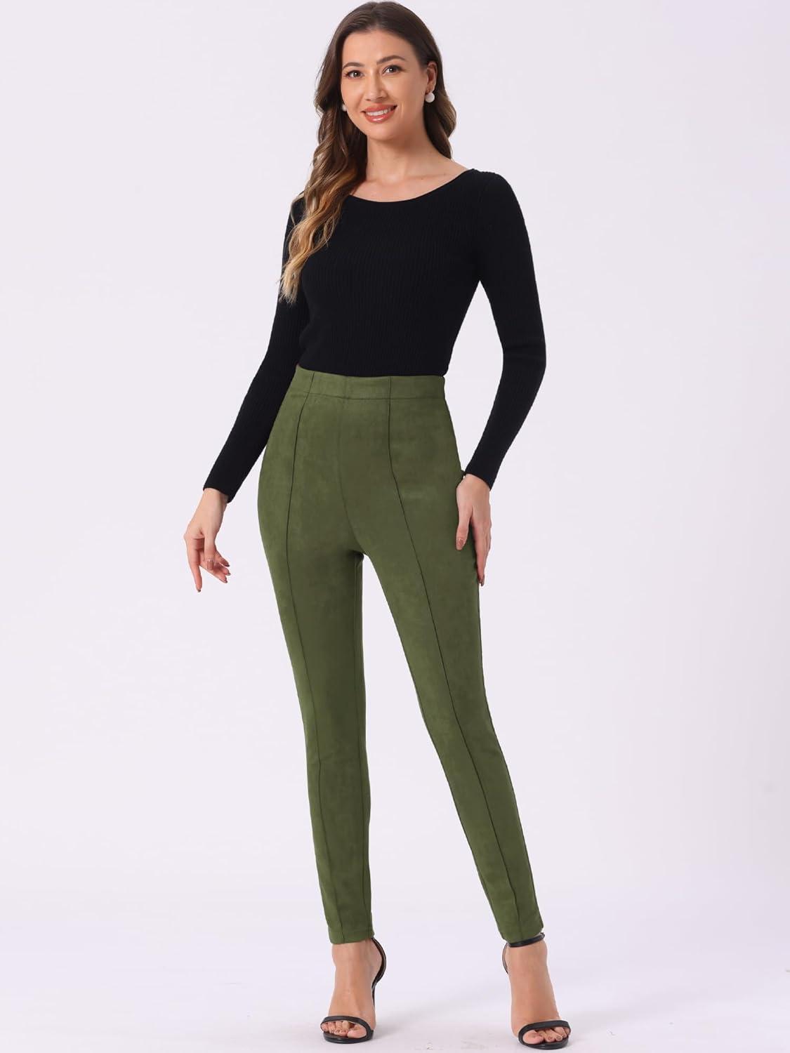 imageAllegra K Womens Faux Suede Leggings High Waisted Stretch Casual Faux Leather Pants for WomenLight Army Green