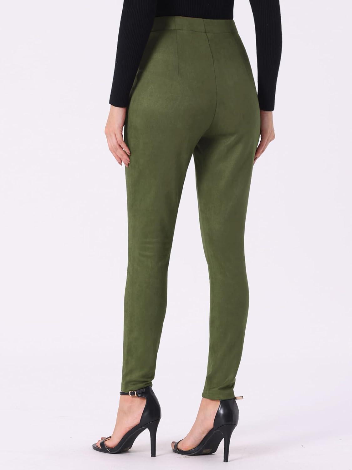 imageAllegra K Womens Faux Suede Leggings High Waisted Stretch Casual Faux Leather Pants for WomenLight Army Green