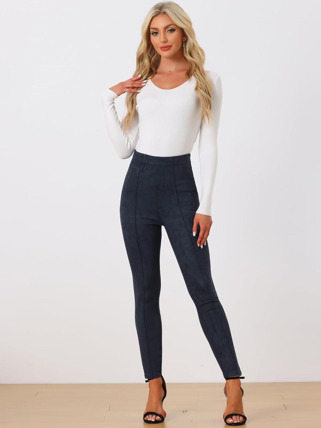 imageAllegra K Womens Faux Suede Leggings High Waisted Stretch Casual Faux Leather Pants for WomenNavy Blue