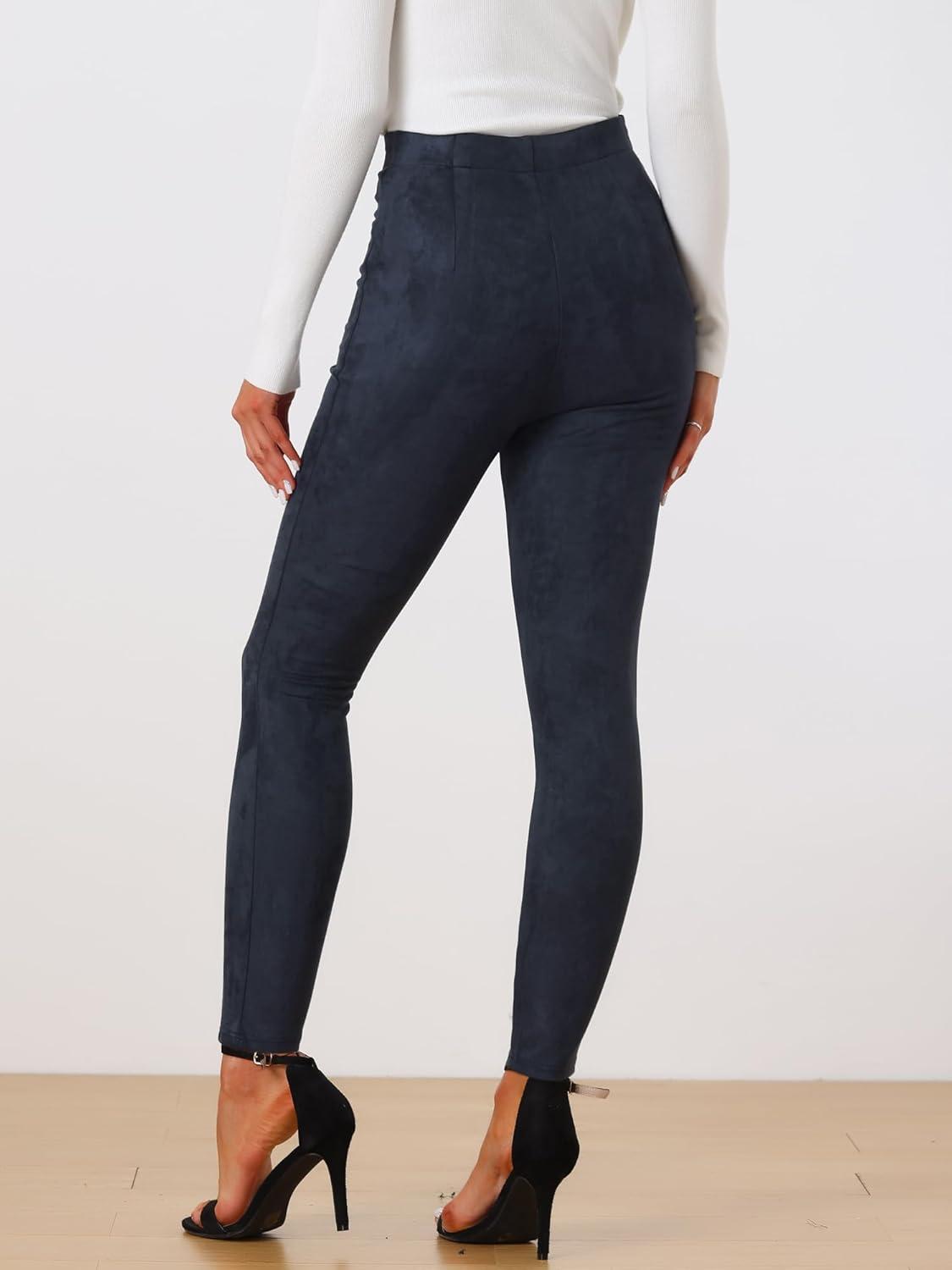 imageAllegra K Womens Faux Suede Leggings High Waisted Stretch Casual Faux Leather Pants for WomenNavy Blue