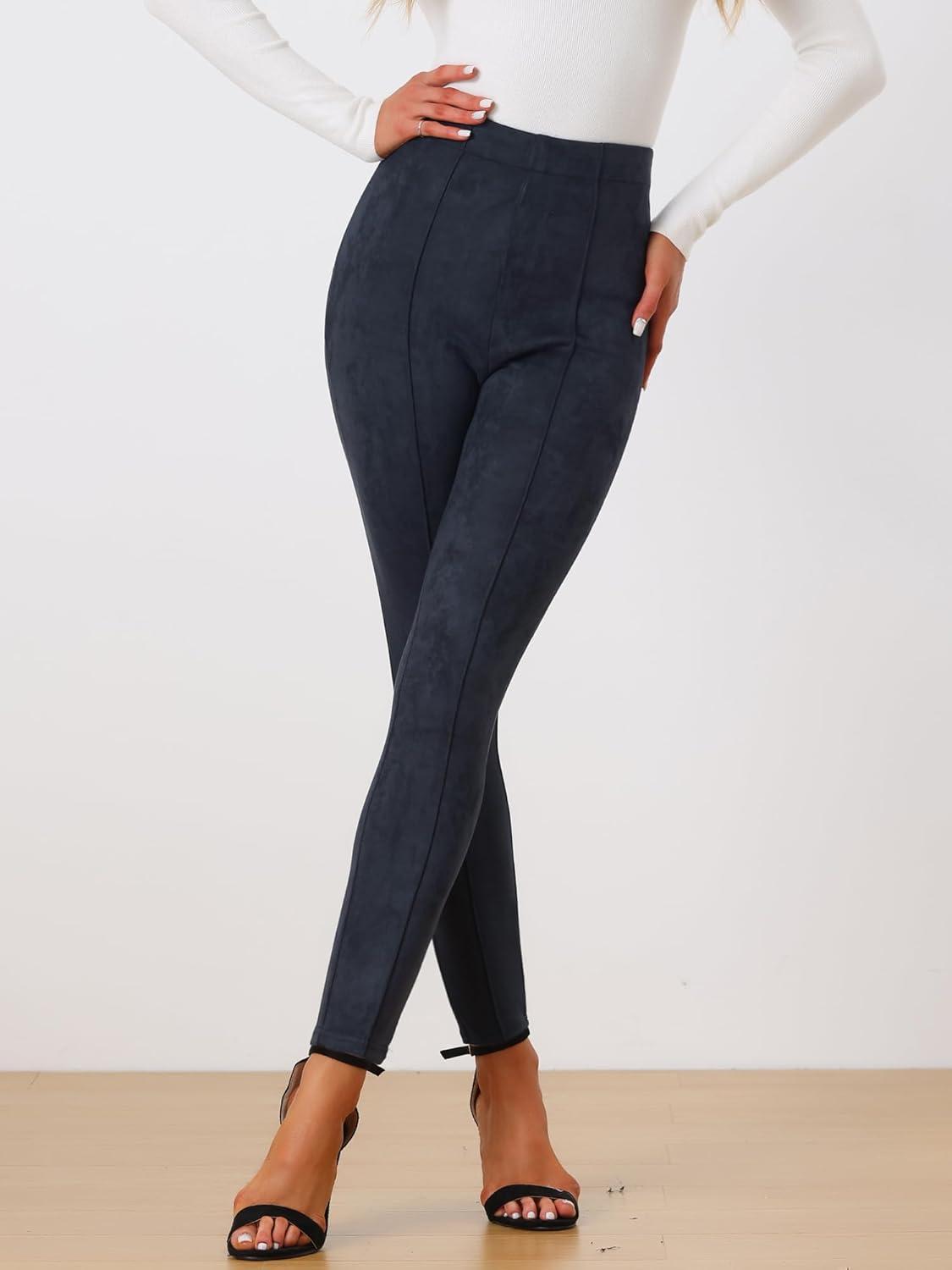 imageAllegra K Womens Faux Suede Leggings High Waisted Stretch Casual Faux Leather Pants for WomenNavy Blue