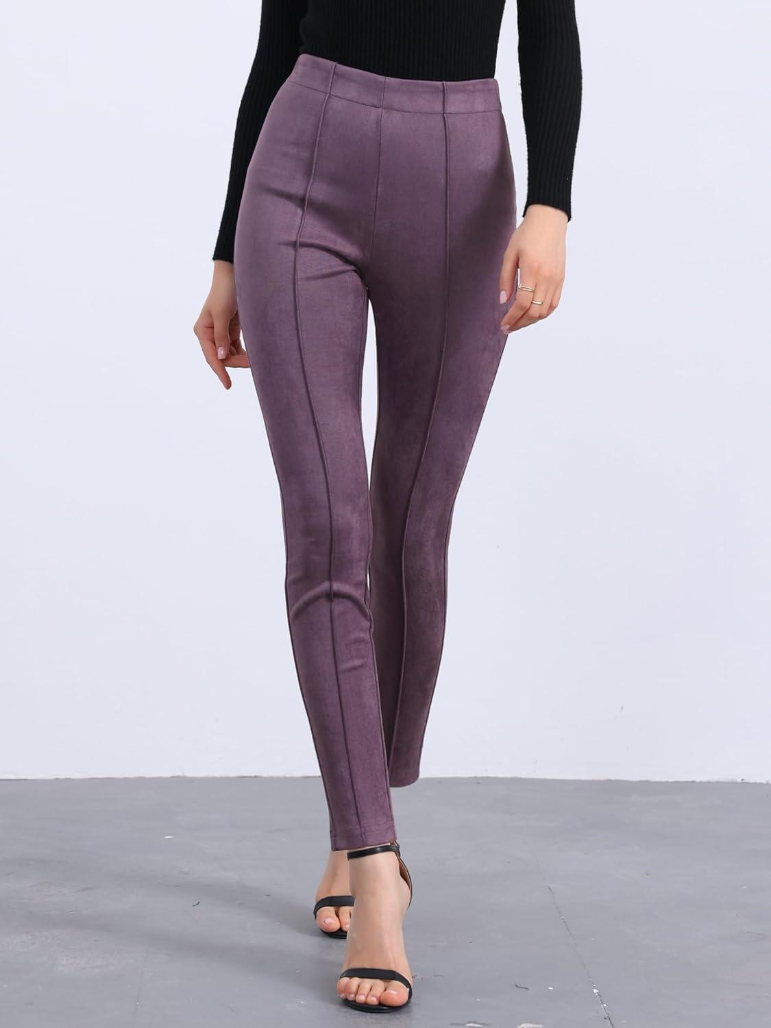 imageAllegra K Womens Faux Suede Leggings High Waisted Stretch Casual Faux Leather Pants for WomenPurple