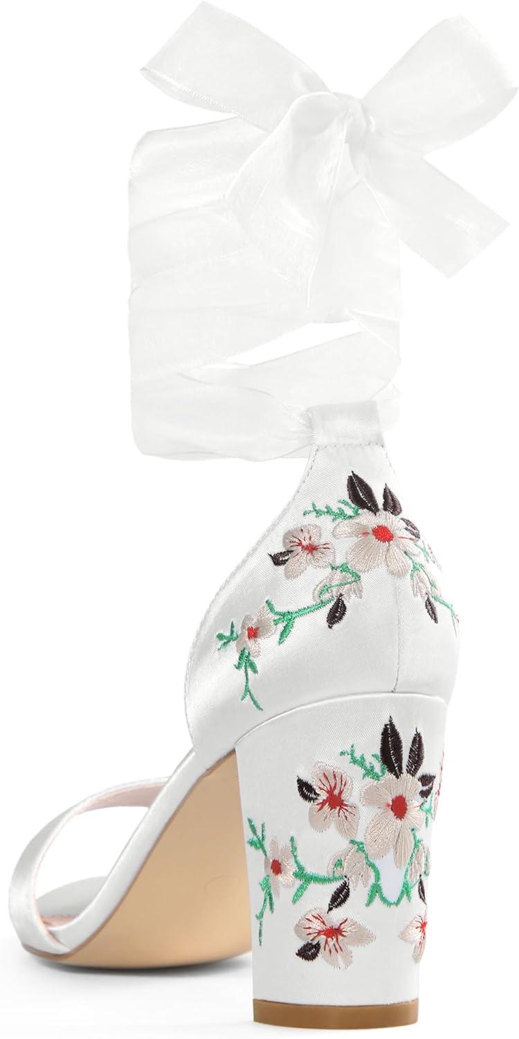 imageAllegra K Womens Floral Heels Satin Lace Up Chunky Heel SandalsWhite