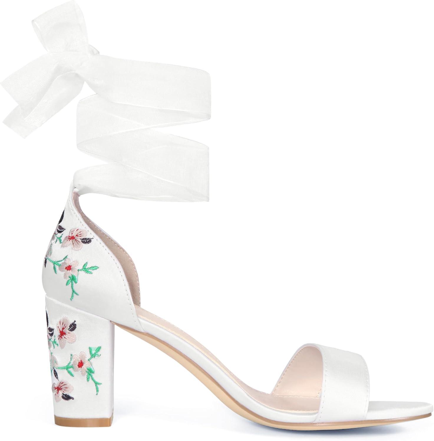 imageAllegra K Womens Floral Heels Satin Lace Up Chunky Heel SandalsWhite