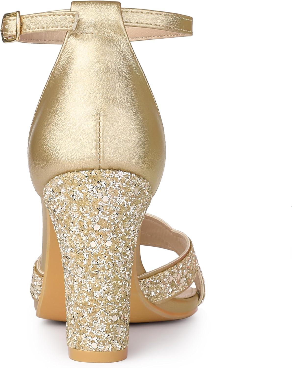 imageAllegra K Womens Glitter Ankle Strap High Chunky Heel SandalsGold