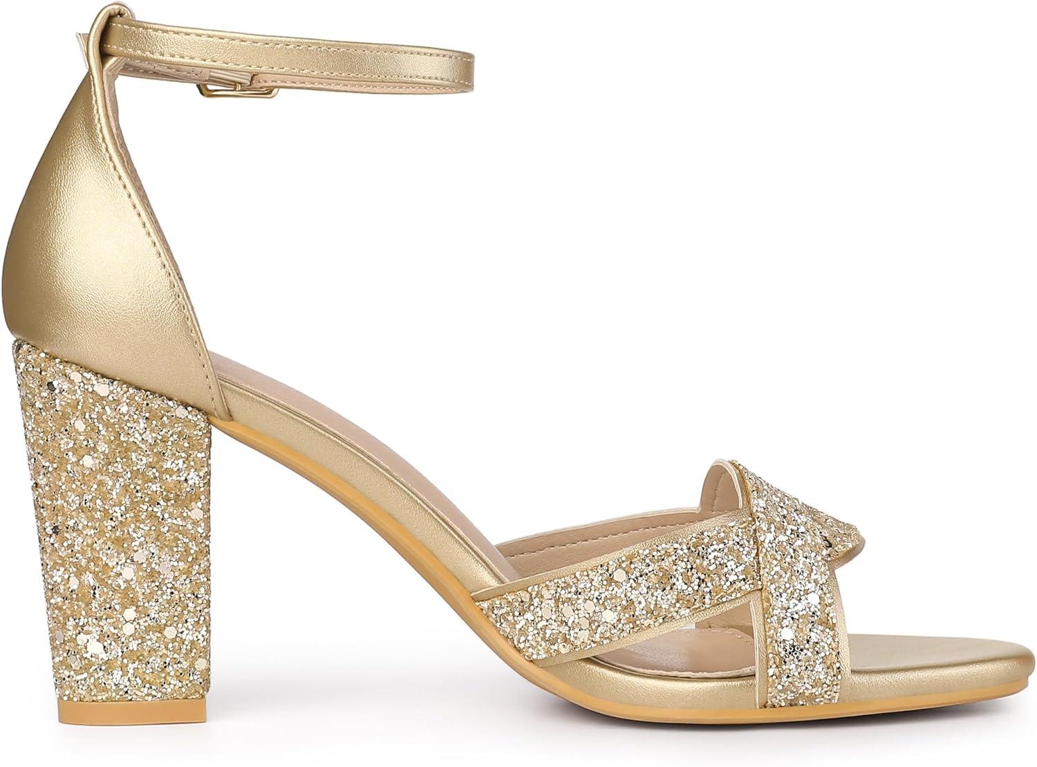 imageAllegra K Womens Glitter Ankle Strap High Chunky Heel SandalsGold