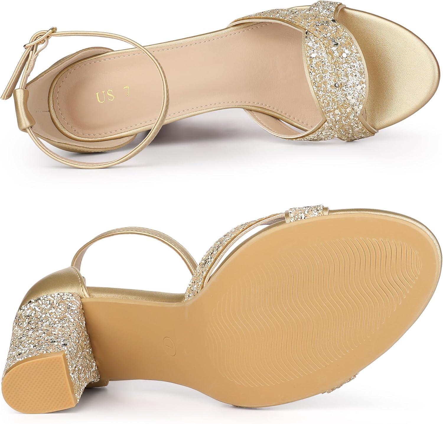 imageAllegra K Womens Glitter Ankle Strap High Chunky Heel SandalsGold