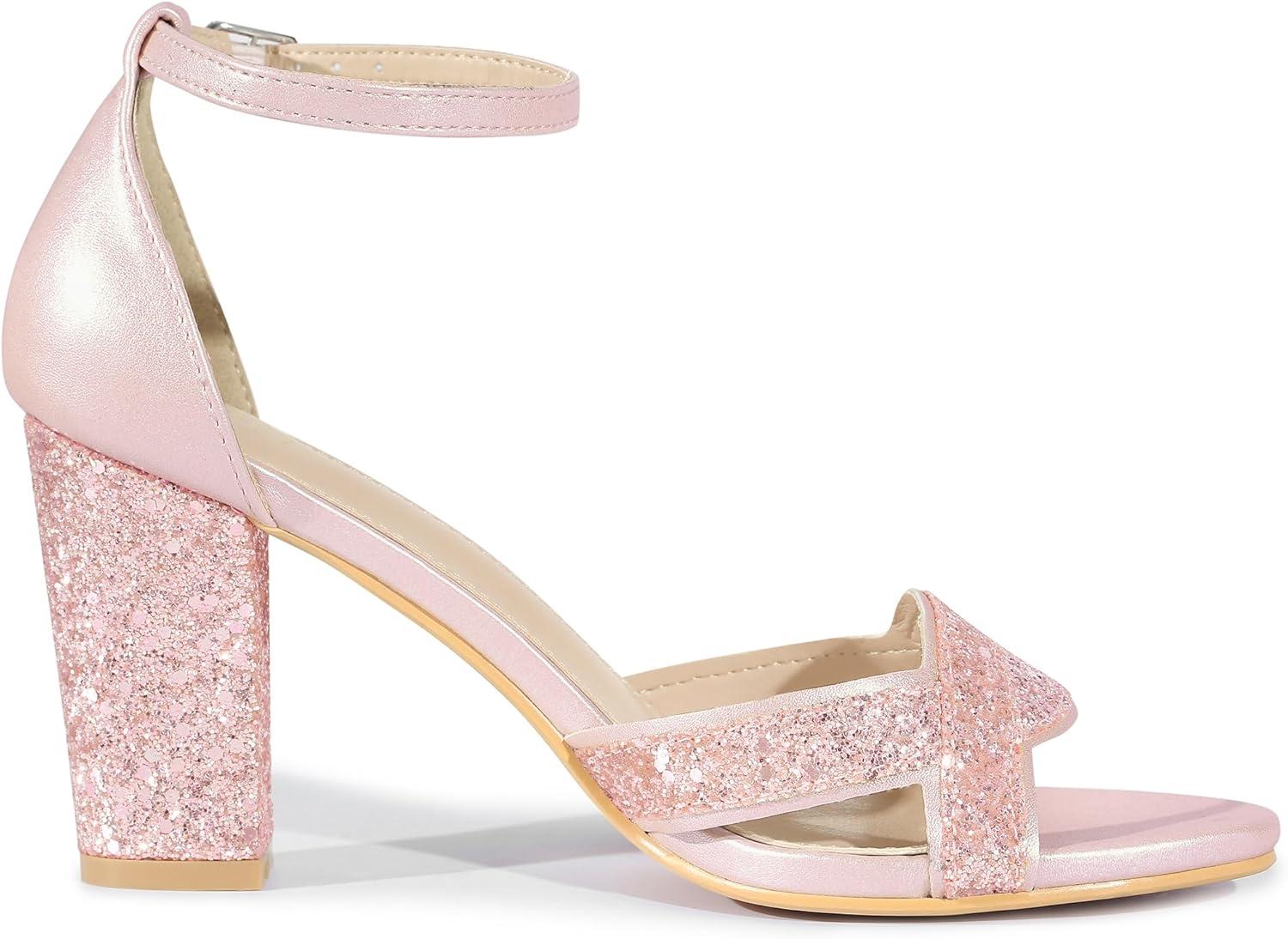 imageAllegra K Womens Glitter Ankle Strap High Chunky Heel SandalsPink