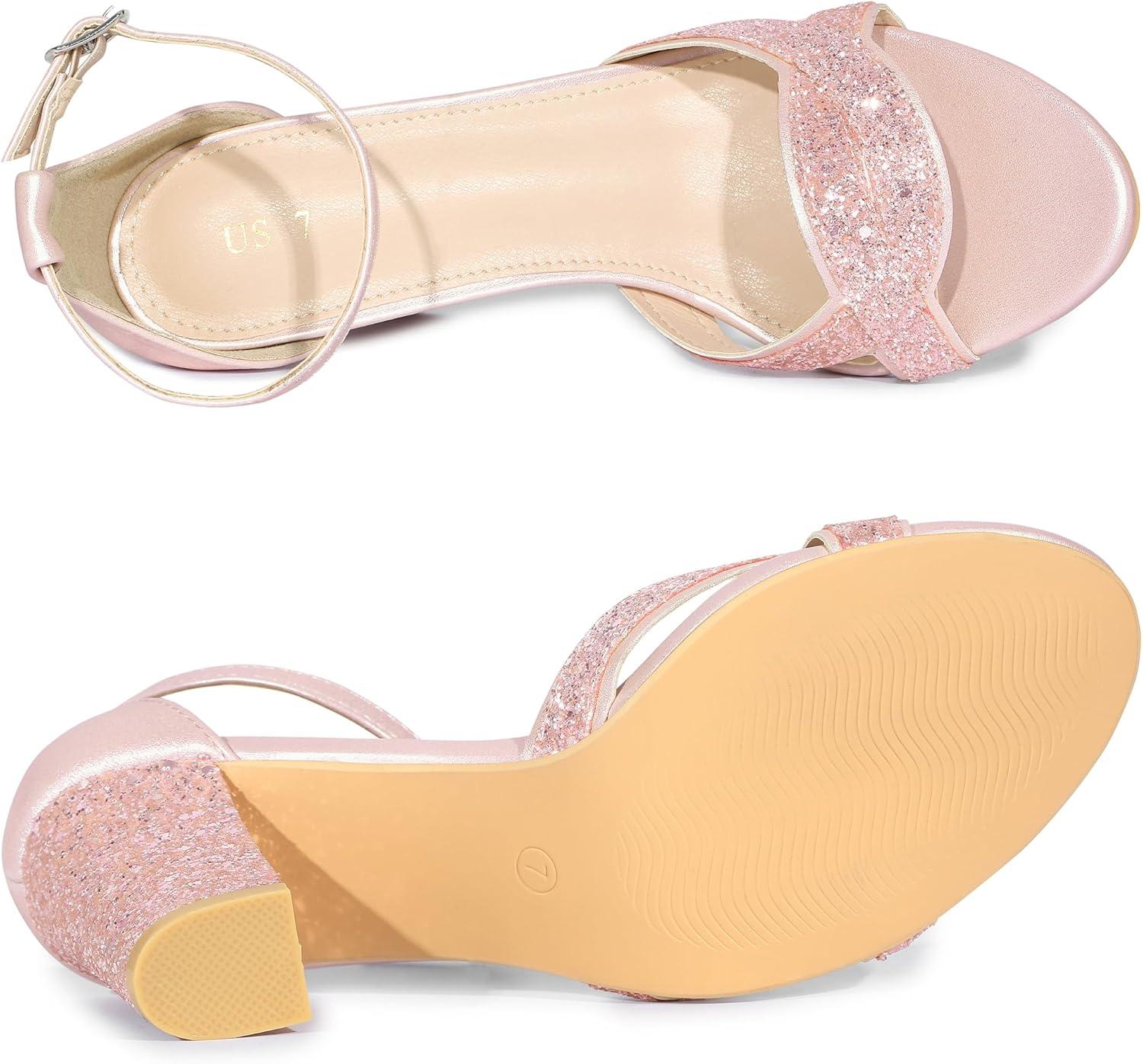 imageAllegra K Womens Glitter Ankle Strap High Chunky Heel SandalsPink