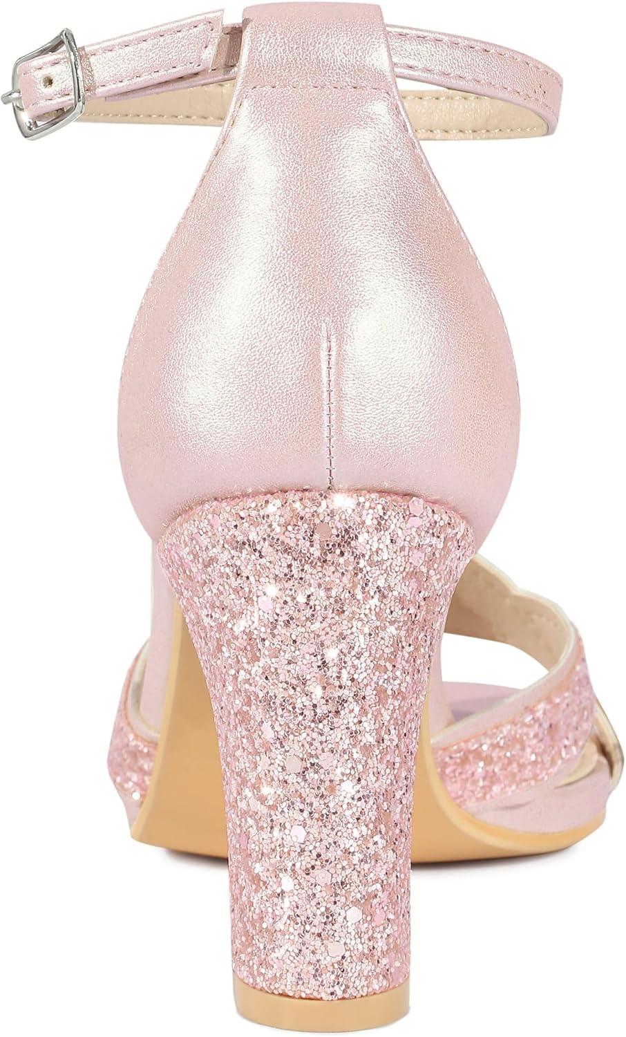 imageAllegra K Womens Glitter Ankle Strap High Chunky Heel SandalsPink