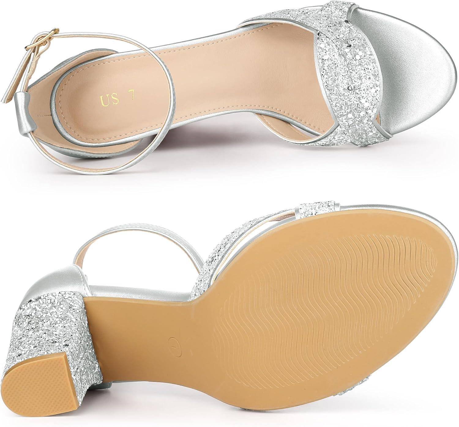 imageAllegra K Womens Glitter Ankle Strap High Chunky Heel SandalsSilver