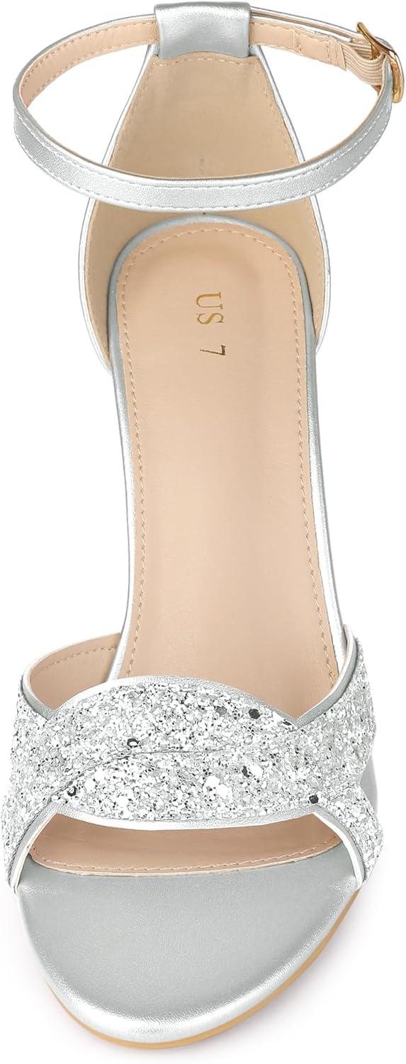 imageAllegra K Womens Glitter Ankle Strap High Chunky Heel SandalsSilver