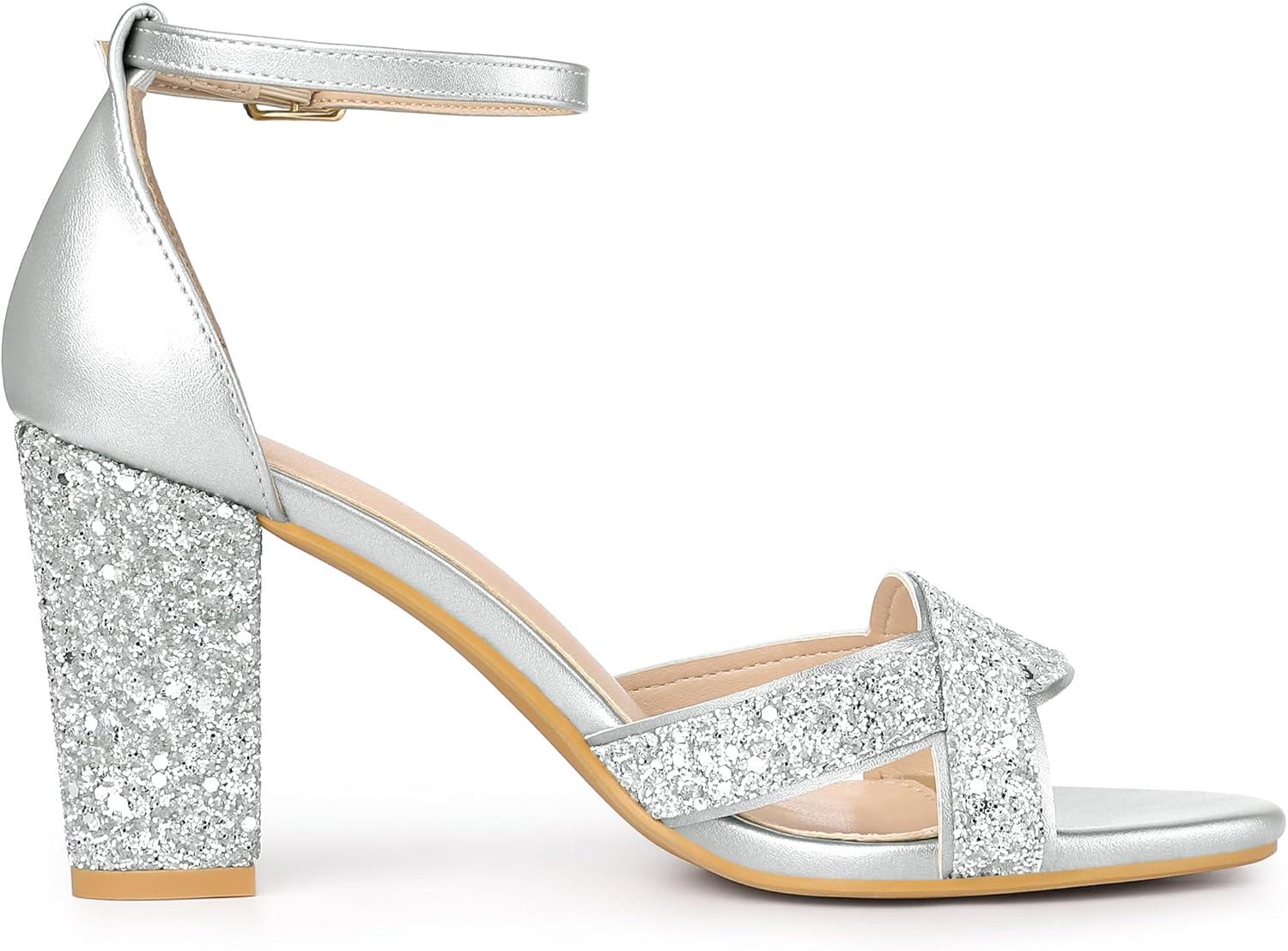 imageAllegra K Womens Glitter Ankle Strap High Chunky Heel SandalsSilver