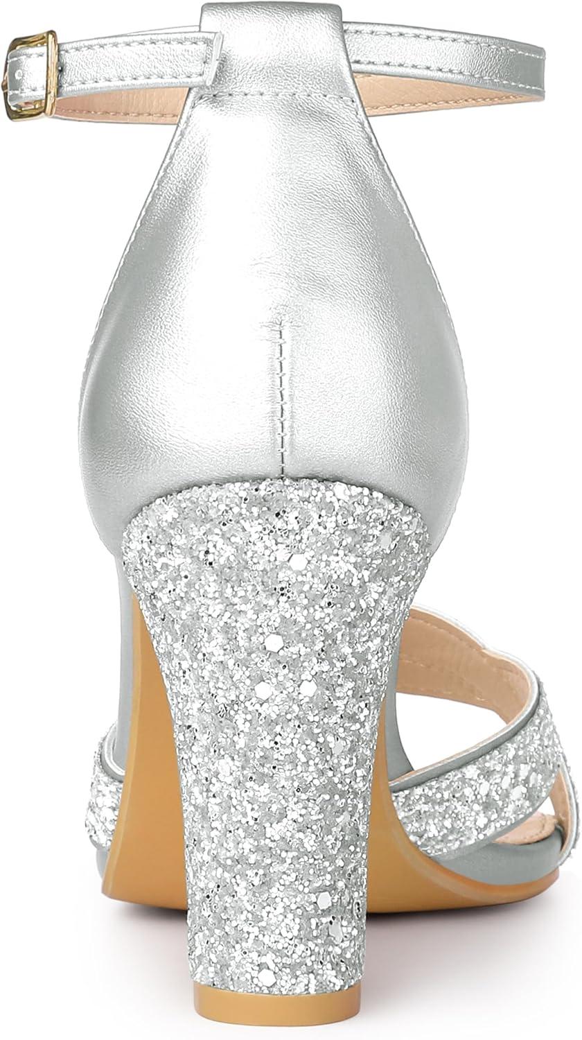 imageAllegra K Womens Glitter Ankle Strap High Chunky Heel SandalsSilver