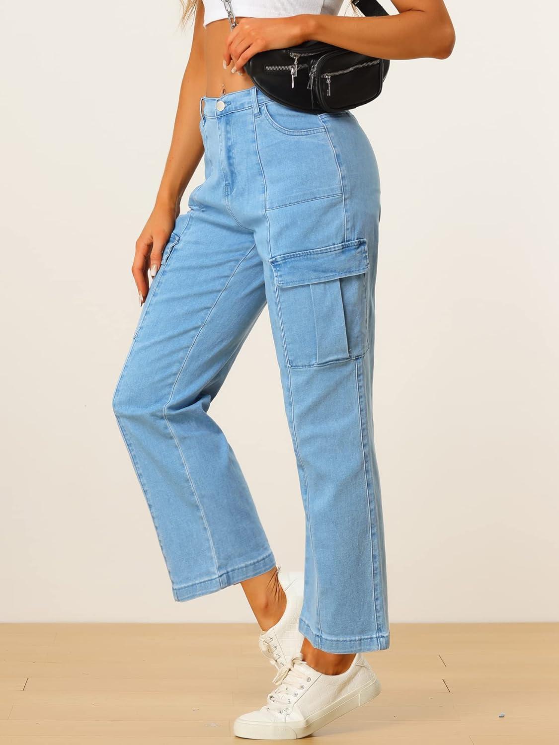 imageAllegra K Womens High Waist Denim Trouser Casual Distressed Denim Pants JeansBlue