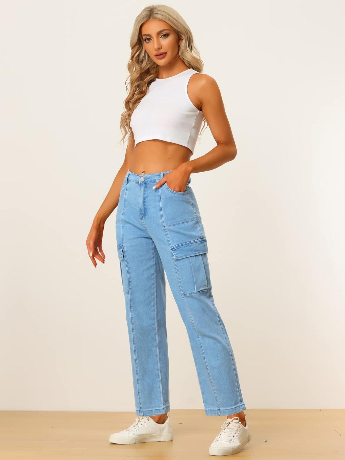 imageAllegra K Womens High Waist Denim Trouser Casual Distressed Denim Pants JeansBlue