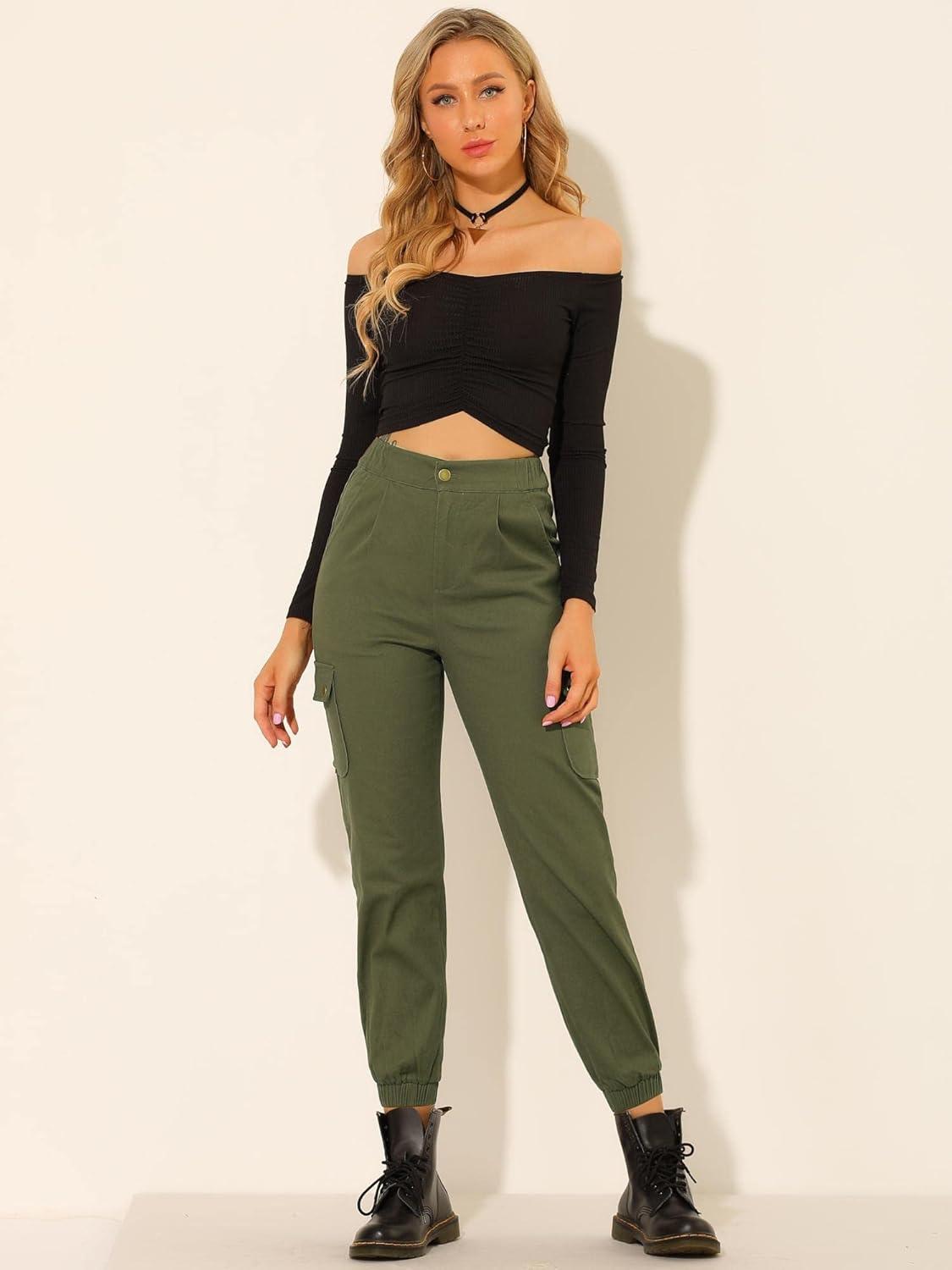 imageAllegra K Womens High Waist Utility Trousers Casual Stretch Twill Cargo Pants with Pockets