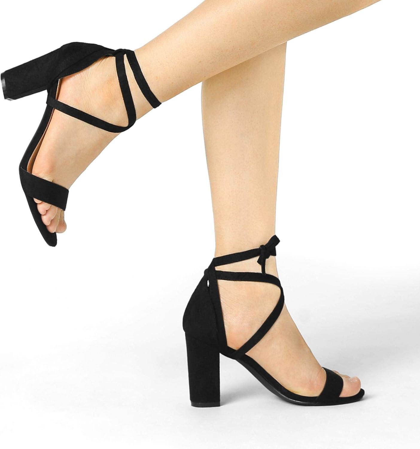 imageAllegra K Womens Lace Up and Ankle Strap Chunky Heel SandalsBlack