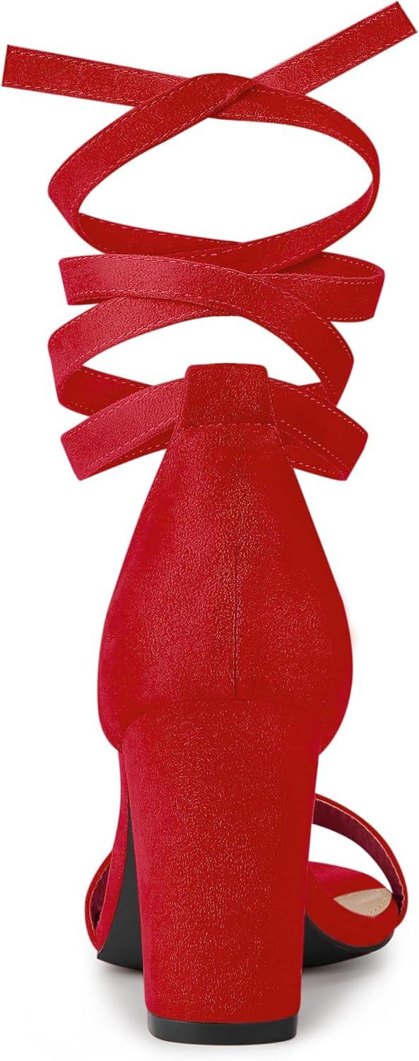 imageAllegra K Womens Lace Up and Ankle Strap Chunky Heel SandalsRed