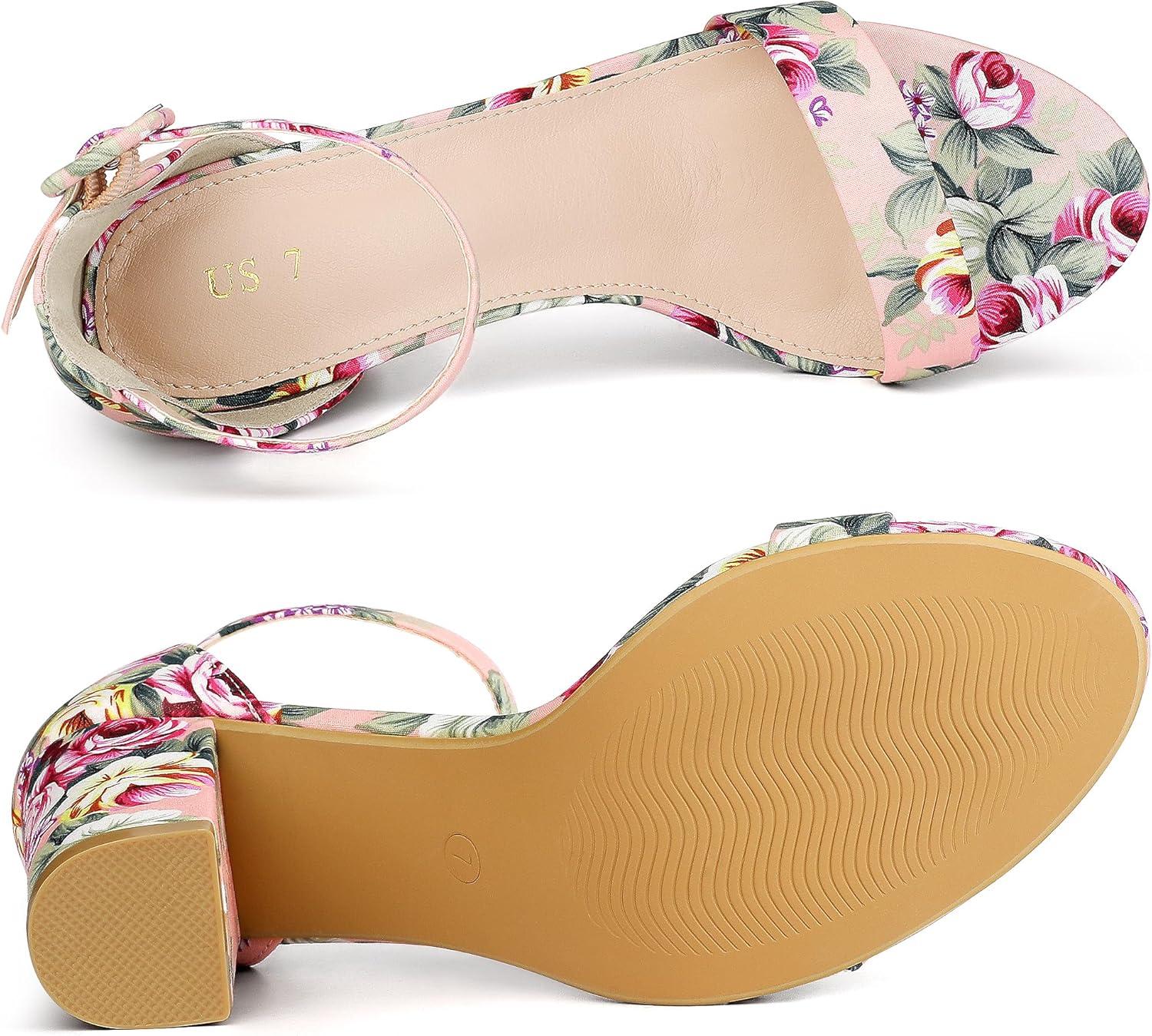 imageAllegra K Womens Open Toe High Chunky Heel Buckle Ankle Strap SandalsPink Flowers