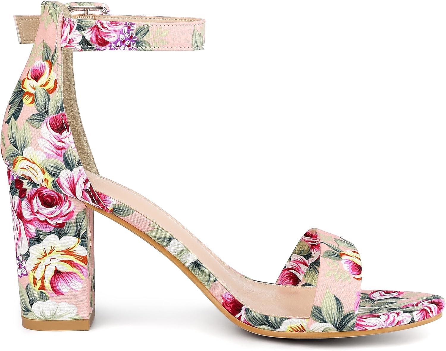 imageAllegra K Womens Open Toe High Chunky Heel Buckle Ankle Strap SandalsPink Flowers