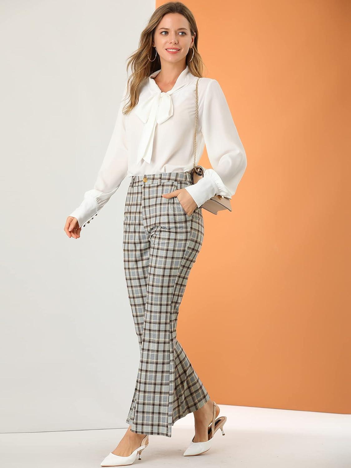 imageAllegra K Womens Plaid Pants Elastic Waist Bussiness Casual Work Office Long Trousers