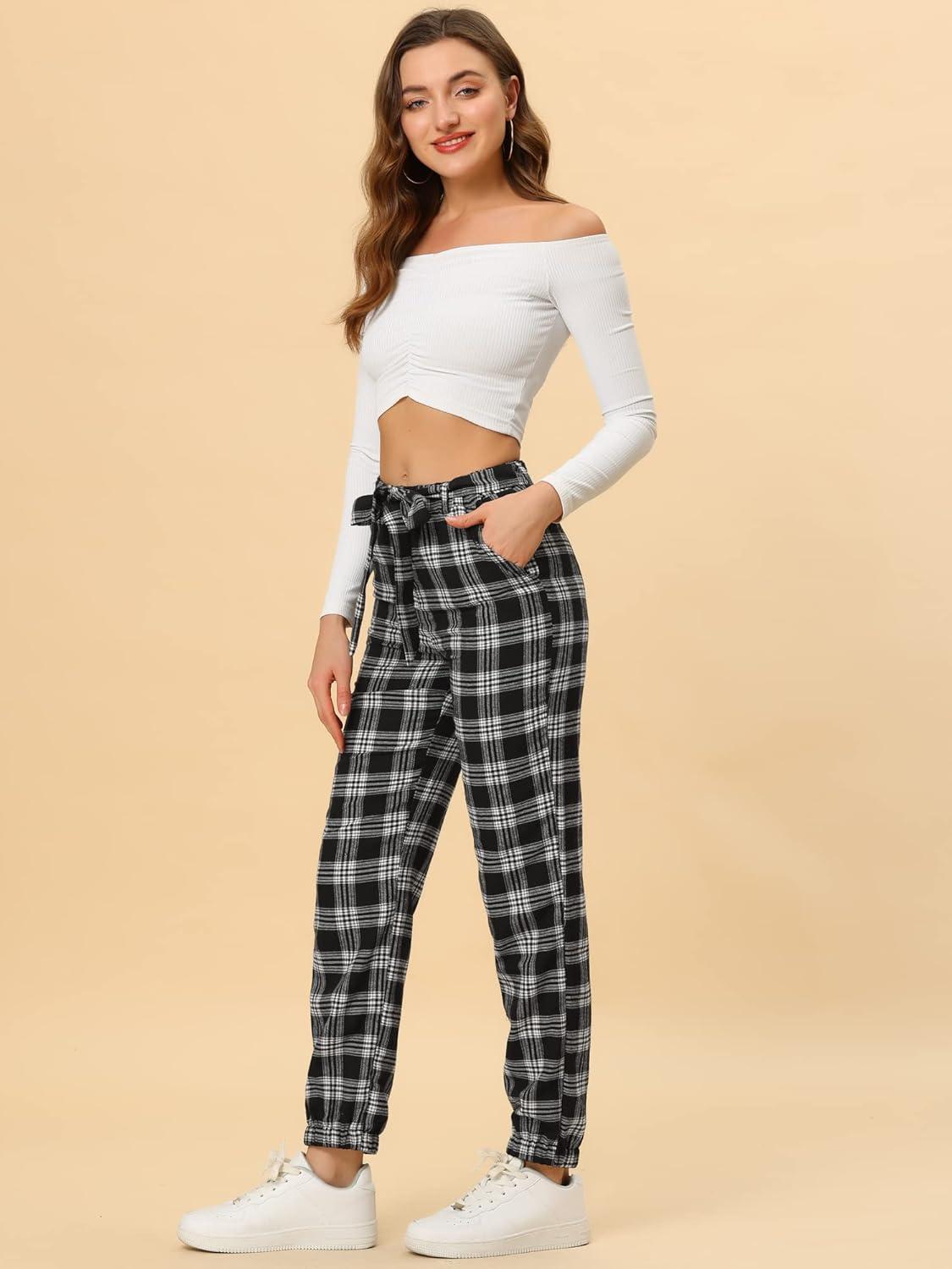 imageAllegra K Womens Plaid Sweatpants Tapered Tie High Waisted Tartan Pants with PocketsBlack
