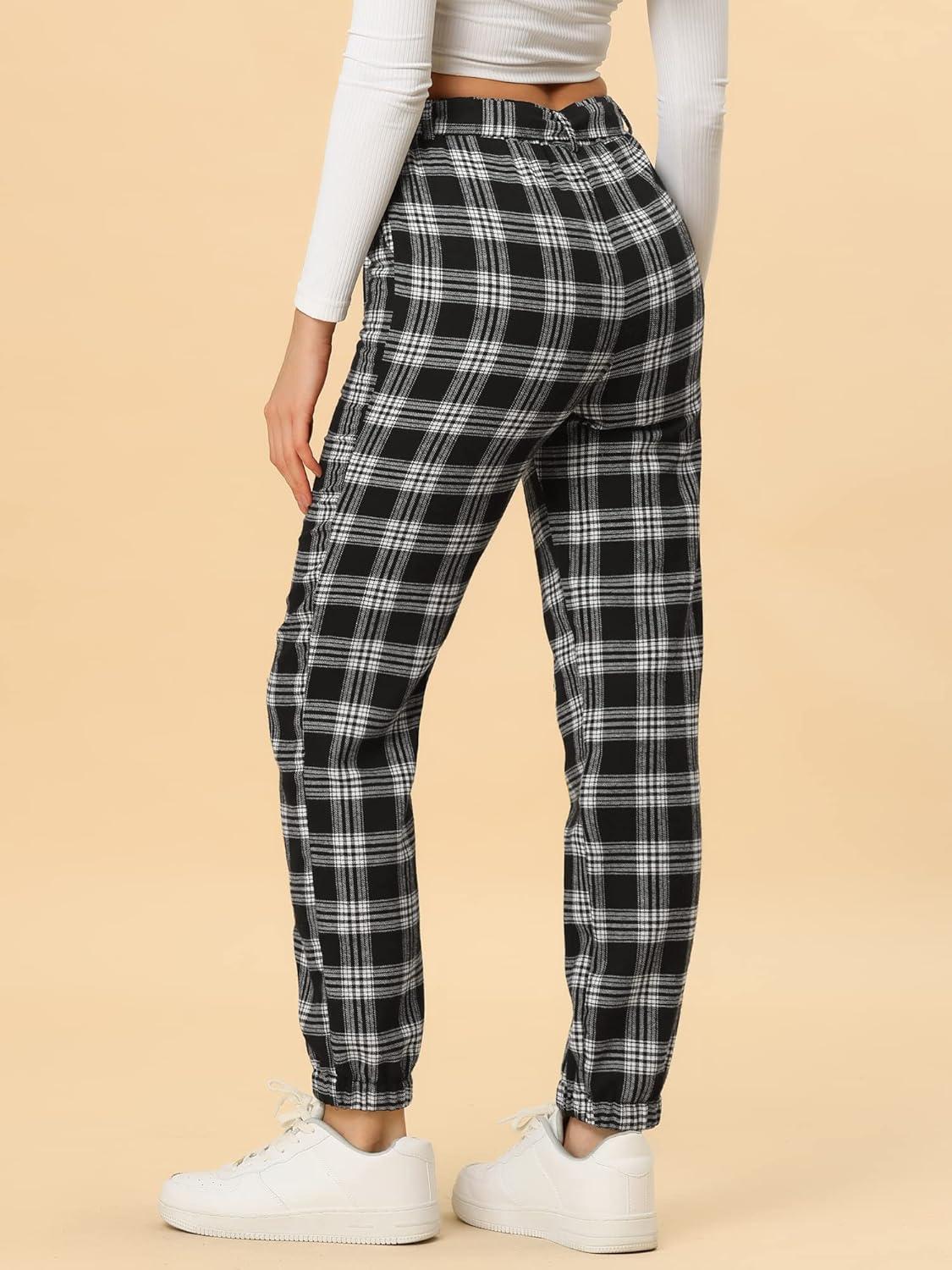 imageAllegra K Womens Plaid Sweatpants Tapered Tie High Waisted Tartan Pants with PocketsBlack