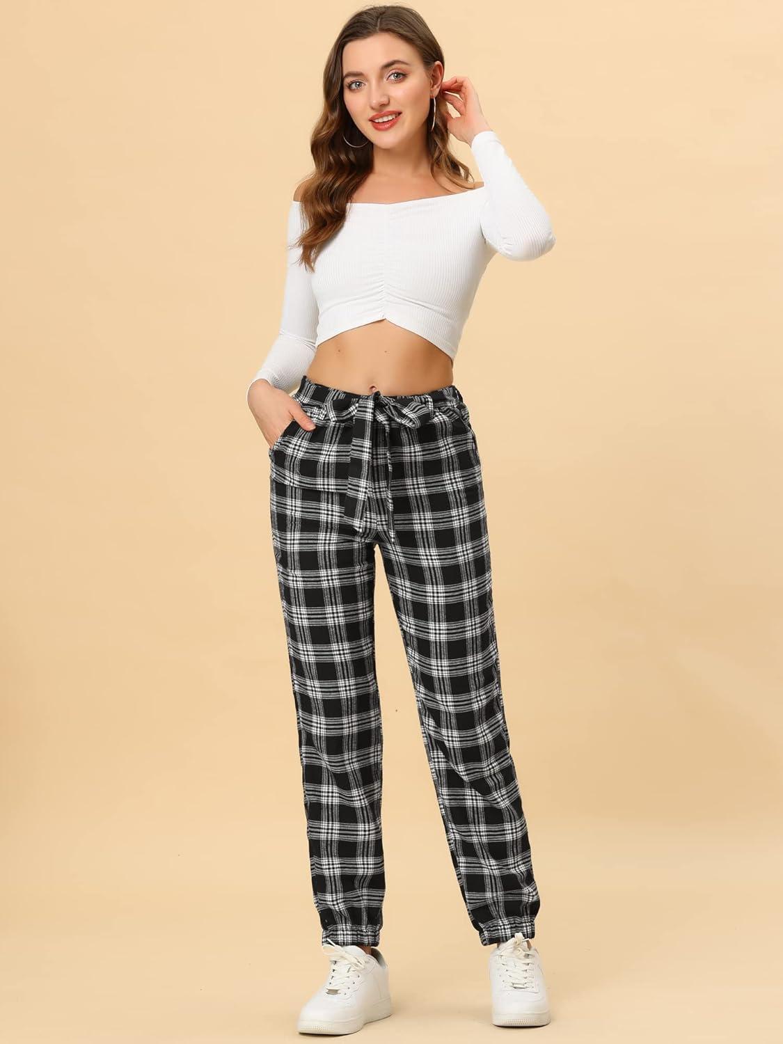 imageAllegra K Womens Plaid Sweatpants Tapered Tie High Waisted Tartan Pants with PocketsBlack