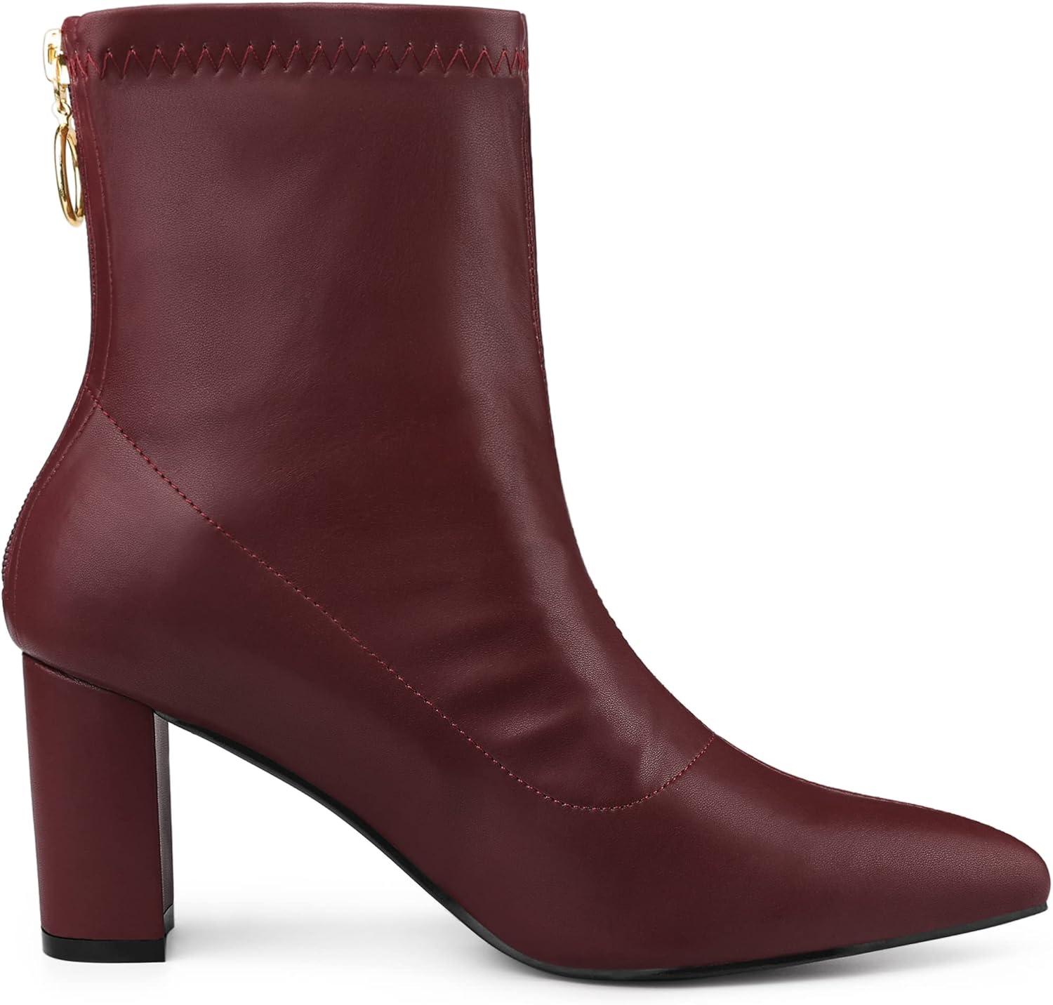 imageAllegra K Womens Pointy Toe Back Zip Block Heel Ankle BootsBurgundy