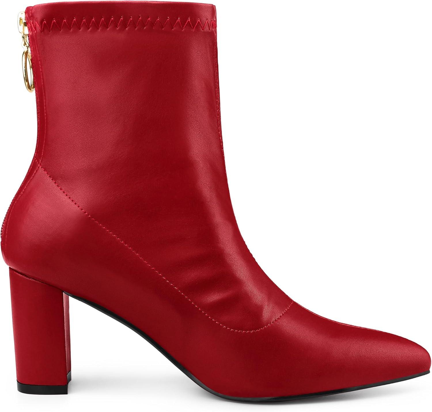 imageAllegra K Womens Pointy Toe Back Zip Block Heel Ankle BootsRed